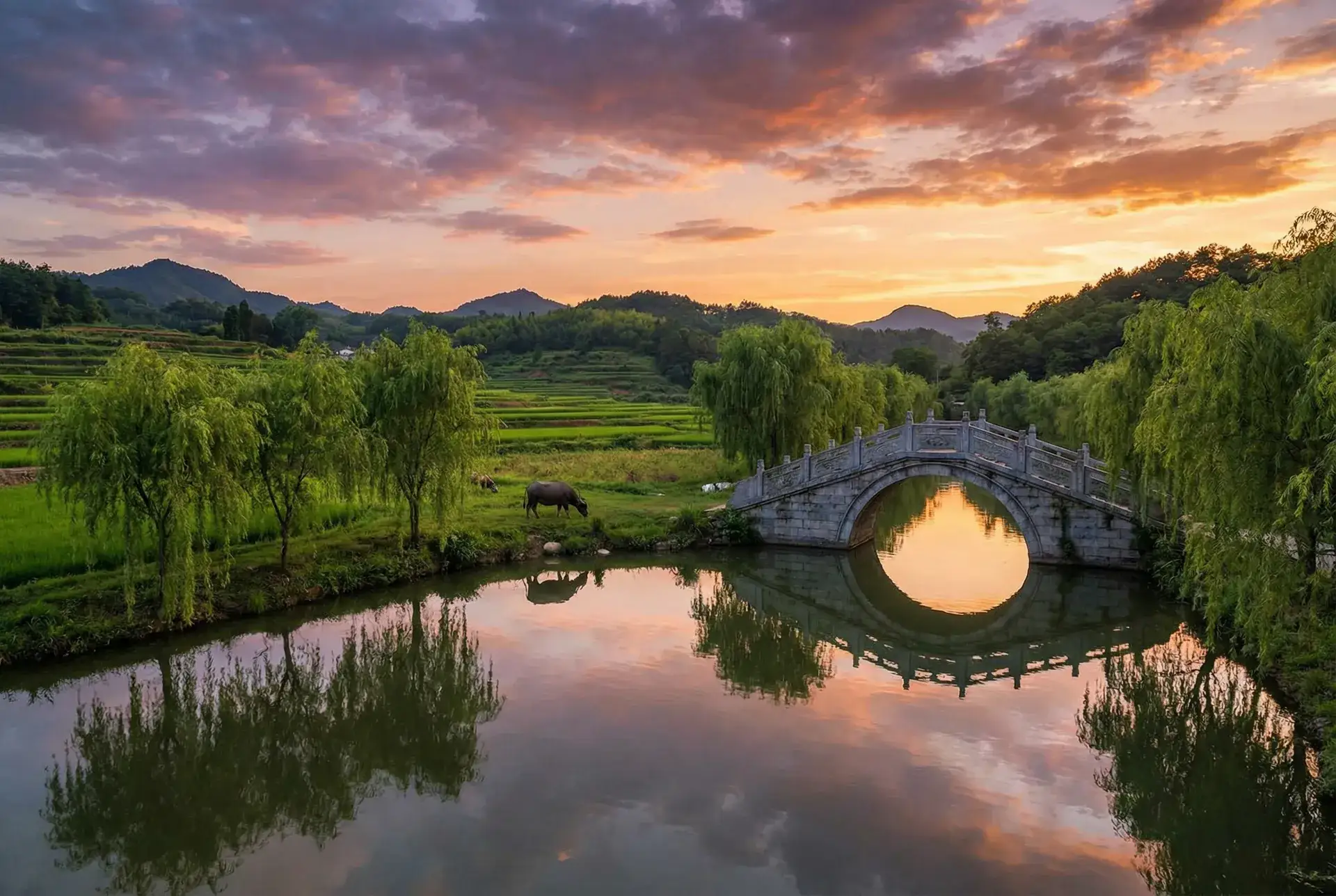 夕阳下的石拱桥与垂柳，水牛在河边吃草 - 北条麻妃作品 乡村美景